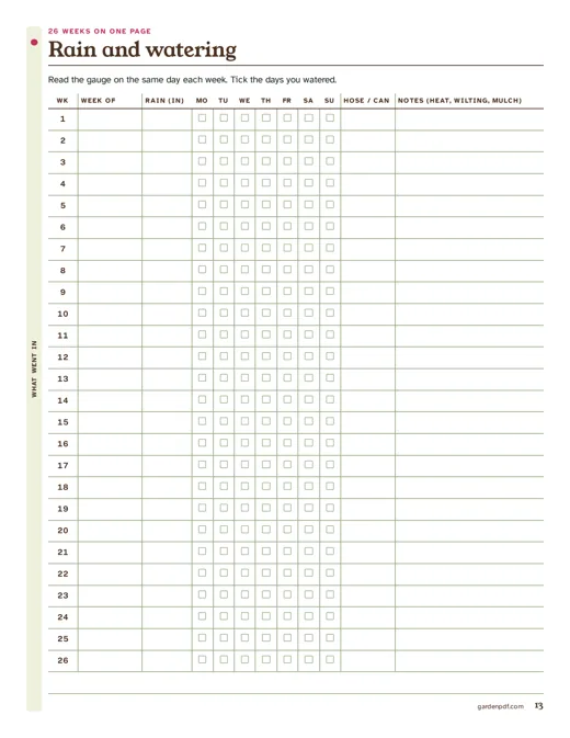 Page 13: rain and watering, 26 weeks on one page