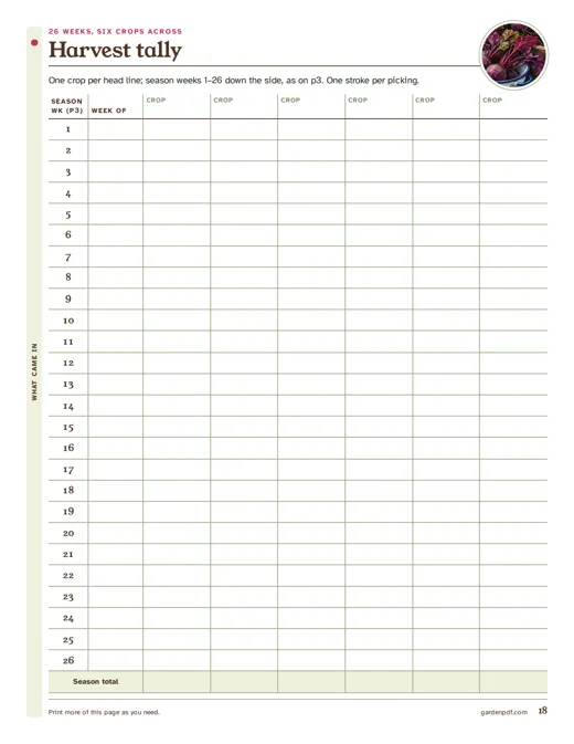 Page 18: harvest tally, 26 weeks by 6 crops